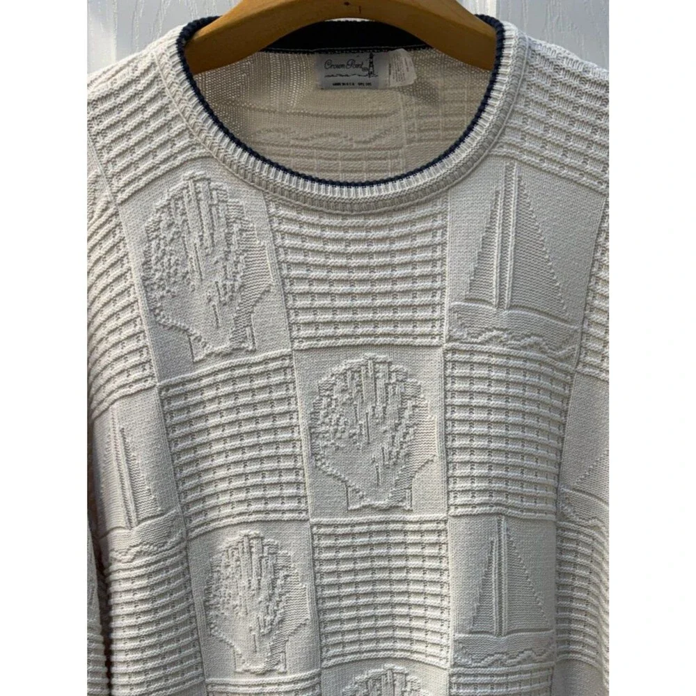 Vintage Crown Point Cotton Nautical Sweater U.S.A Sailboats Seashells Cream XXL